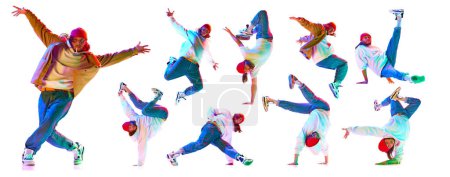 Photo for Man in sport style cloths dancing breakdance, hip hop isolated over white background. Street style dance. Collage. Concept of dance sport, competition, tournament, championship. - Royalty Free Image