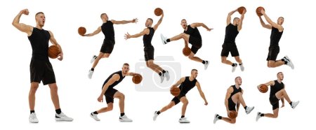 Photo for Muscular young man, professional basketball player in motion with ball, playing isolated over white background. Collage. Concept of sport, competition, tournament, championship, game - Royalty Free Image