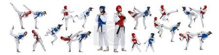 Photo for Two women in sportswear, mma athletes in motion, practicing, fighting isolated over white background. Combat sport, martial arts. Collage. Concept of sport, competition, tournament, championship. - Royalty Free Image