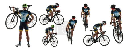 Photo for Man in sportswear riding a bicycle isolated over white background. Marathon, triathlon athlete. Collage. Concept of sport, competition, tournament, championship, speed, endurance, energy - Royalty Free Image