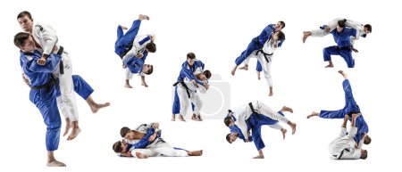 Photo for Two men in kimono, judo, taekwondo, karate athletes fighting isolated over white background. Collage. Concept of combat sport, competition, tournament, martial arts. - Royalty Free Image