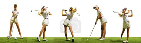 Téléchargez les photos : Jeune jolie fille en vêtements blancs jouant au golf sur gazon vert revêtement de sol isolé sur fond blanc. Collage. Concept de sport, compétition, tournoi, championnat, passe temps - en image libre de droit