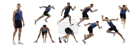 Photo for Muscular man, running athlete in different poses isolated over white background. Runner, athletics. Collage. Concept of sport, competition, tournament, championship, endurance and power - Royalty Free Image