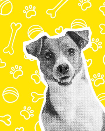 Téléchargez les photos : Adorable chien de race, animal mignon sur fond jaune. Collage d'art contemporain. Concept d'animal, vétérinaire, imagination. Affiche. Style magazine - en image libre de droit