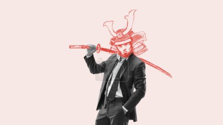 Photo for Businessman with drawn head holding sword. Fighting for human rights and social equality. Contemporary art collage. Concept of business, creativity, character art, imagination, inspiration - Royalty Free Image