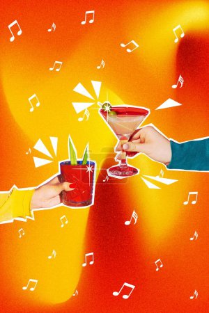 Cheers. Female hands, friends clinking classes with different cocktails over colorful background. Contemporary art collage. Concept of holidays, celebration, party, fun and joy, meeting. Poster