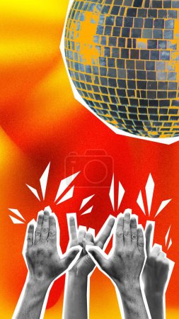 Photo for People raising hand at the party, dancing under disco ball over gradient yellow red background. Contemporary art collage. Concept of holidays, celebration, party, fun and joy, meeting. Poster - Royalty Free Image