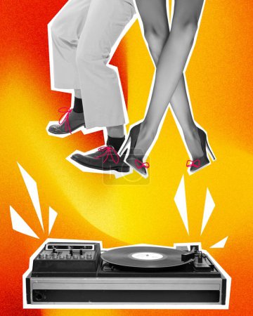 Photo for Male and female legs handing under vinyl record player over gradient yellow background. Contemporary art collage. Concept of holidays, celebration, party, fun and joy, meeting. Colorful design. Poster - Royalty Free Image