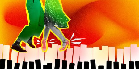 Photo for Female and male legs dancing on piano keys over gradient background. Romantic date. Contemporary art collage. Concept of holidays, celebration, party, fun and joy, meeting. Colorful design. Poster - Royalty Free Image