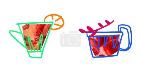 Foto de Copa dibujada con bayas frescas, fresas en el interior sobre fondo blanco. Limonada de té, batido. Diseño creativo con garabatos. Concepto de bebida natural, limonada orgánica, refresco, salud - Imagen libre de derechos