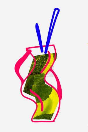 Téléchargez les photos : Verre dessiné à la limonade, ingrédients mojito à l'intérieur, citron vert et menthe. Design créatif avec gribouillis. Concept de boisson naturelle, limonade bio, rafraîchissement, soins de santé, line art - en image libre de droit