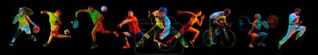 Photo for Collage. Motivated young people, athletes of different sports in motion, practicing over black background in neon light Concept of professional sport, competition, championship, action - Royalty Free Image