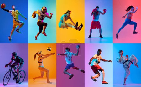 Collage. Imagen dinámica de diferentes personas, deportistas de diversos tipos de deportes en movimiento, practicando sobre fondo multicolor en luz de neón. Concepto de deporte, competición, campeonato, acción