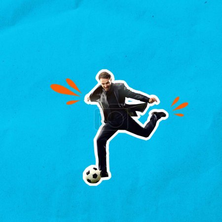 Photo for Excited and emotional businessman in suit hitting ball, playing football over blue background. Winning. Concept of sport, betting, winning, game, finances, good luck, hobby - Royalty Free Image