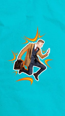Photo for Businessman jumping in excitement and looking on mobile phone with shocked expression over blue background. Promotion. Concept of business, professional occupation, achievement, success - Royalty Free Image