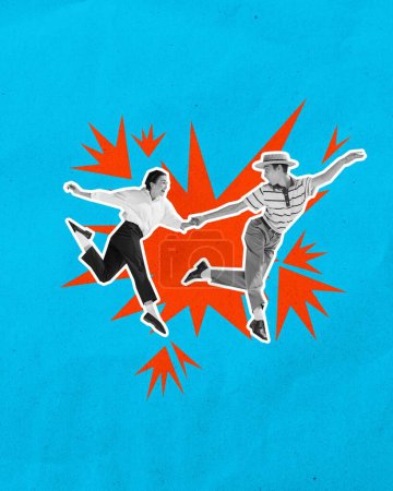 Happy young woman and man in stylish clothes cheerfully dancing over blue background. Contemporary art collage. Concept of retro and vintage style, party, hobby, fun and joy