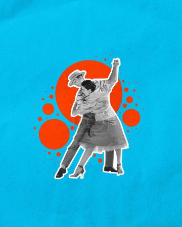 Photo for Date. Lovely couple, man and woman dancing retro style dance over blue background. Contemporary art collage. Concept of retro and vintage style, party, hobby, fun and joy - Royalty Free Image