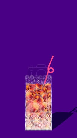 Photo for Fresh fruity juice. Peaches placed into glass with straw over purple background. Creative design. Concept of natural drink, organic lemonade, refreshment, healthcare, artwork - Royalty Free Image