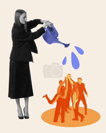 Photo for Cool down. Woman watering employees giving high five to each other. Teamwork and assistance. Contemporary art collage. Concept of efficiency, business, office, workflow, challenges - Royalty Free Image