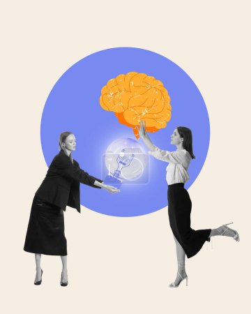 Photo for Young woman holding lightbulb and brain symbolizing creating innovative ideas for projects. Contemporary art collage. Concept of efficiency, business, office, workflow, teamwork, innovations - Royalty Free Image