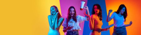 Foto de Collage hecho de retrato de mujeres jóvenes, chicas alegres posando sobre fondo multicolor en luz de neón. Concepto de emociones humanas, diversidad, estilo de vida, expresión facial - Imagen libre de derechos