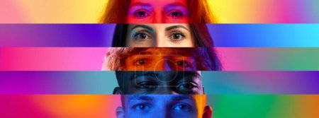 Foto de Collage. Rayas. Imagen de primer plano de los ojos masculinos y femeninos sobre fondo multicolor en luz de neón. Diferente raza, edad y sexo. Concepto de emociones humanas, diversidad, estilo de vida, expresión facial - Imagen libre de derechos