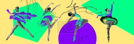 Photo for Elegant women, ballet dancers performing over colorful abstract background. Contemporary art collage. Elegant performance. Classical ballet, beauty, creativity, inspiration concept - Royalty Free Image