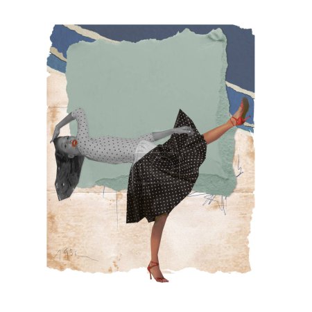 Téléchargez les photos : Jeune femme dansant sur fond pastel abstrait. Collage d'art contemporain. Concept de style rétro, activité dansante, invitation, divertissement, fête. Affiche. Effet papier - en image libre de droit
