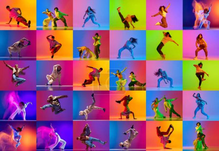 Téléchargez les photos : Collage. Talentueux jeunes artistes, hommes et femmes parfumant hip hop, breakdance sur fond multicolore au néon. Concept de styles de danse modernes, passe-temps, jeunesse, mode de vie actif - en image libre de droit