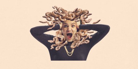 Photo for Contemporary art collage. Young girl with snakes instead of hair looks like mythology character loudly shouting of against peach color background. Concept of feminine strength and power, wisdom. - Royalty Free Image
