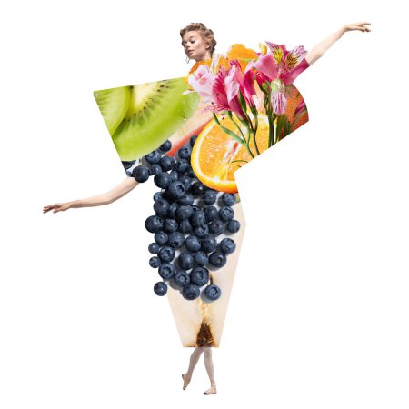 Photo for Beautiful young woman, ballerina dressed in organic dress made of different fruits and flowers over white background. Contemporary art collage. Concept of food, creativity, inspiration, organic food - Royalty Free Image
