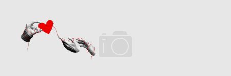 Photo for In love search. Human hands and heart symbol. Contemporary art collage. Minimalism. Concept of Valentines Day, holiday, love, 14th of February. Template for ads, postcard, invitation, poster, banner - Royalty Free Image