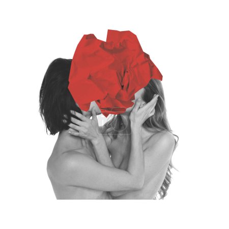 Foto de Mujeres apasionadas, pareja lésbica besándose detrás del corazón cortado en papel. collage de arte contemporáneo. Día de San Valentín, vacaciones, amor, 14 de febrero concepto. Plantilla para anuncios, postal, invitación, póster - Imagen libre de derechos