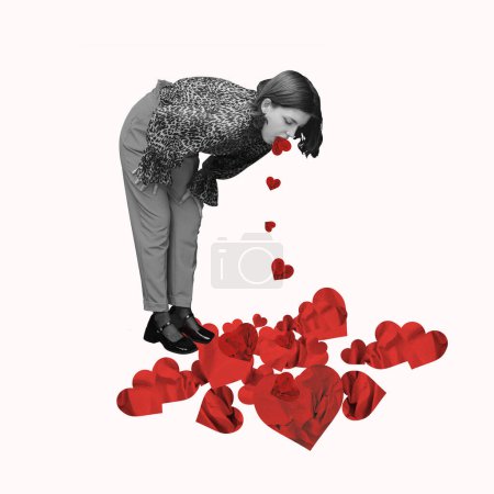 Photo for Hate feeling of love. Young woman feeling bad. Contemporary art collage. Minimalism. Valentines Day, holiday, February 14th concept. Template for ads, postcard, invitation, poster - Royalty Free Image