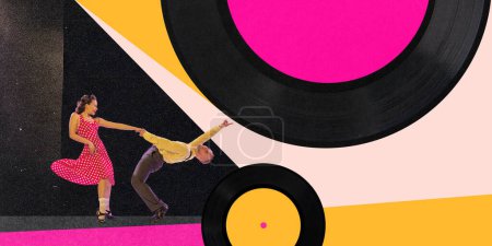 Photo for Stylish, artistic young man and woman in retro clothes dancing over colorful background with vinyl records. Contemporary art collage. Concept of holidays, celebration, fun and joy, party, retro style - Royalty Free Image