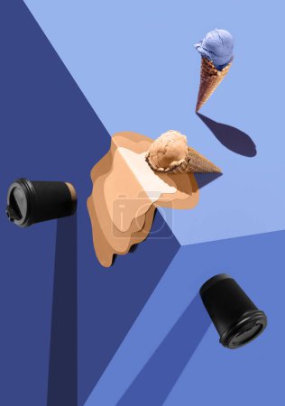 Photo for Coffee cups to go and melting ice cream in waffle cone over blue background. Creative collage. Levitation. Concept of creativity, abstract art, minimalism, food - Royalty Free Image