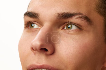 Photo for Close-up cropped image of male face, eyes, nose and eyebrows against white studio background. Concept of male beauty, skin care, spa, cosmetology, mens health - Royalty Free Image