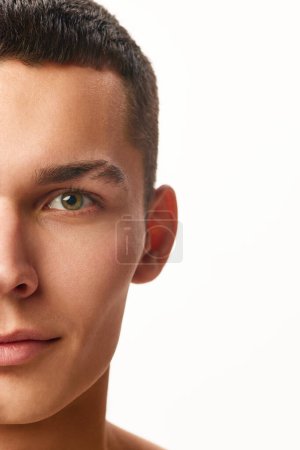 Téléchargez les photos : Portrait mi-visage de beau jeune homme au visage rasé et immaculé avec pommettes sur fond de studio blanc. Concept de beauté masculine, soins de la peau, spa, cosmétologie, santé masculine - en image libre de droit