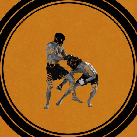 Photo for Muscular competitive man, boxing, mma athletes with drawn head of ancient man fighting over yellow background. Contemporary art collage. Concept of sport, tournament, competition, ancient Greek style - Royalty Free Image