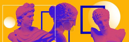 Foto de Museo, exposición. Estatua antigua monocromática bustos en color neón púrpura sobre fondo amarillo abstracto. Obras de arte contemporáneo. Concepto de creatividad, inspiración, plantilla para anuncio, postal, banner - Imagen libre de derechos