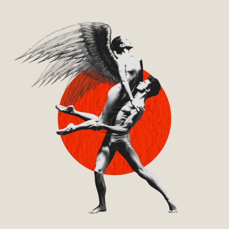 Foto de Hermosa joven y hombre, bailarinas de ballet con plumas sobre fondo claro con elemento rojo. Apoyo y confianza. collage de arte contemporáneo. Concepto de amor, relación codependiente, surrealismo - Imagen libre de derechos
