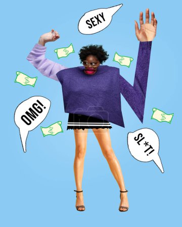 Photo for Young African-American woman wearing short skirt. Offensive words about her appearance. Conceptual design. Contemporary artwork. Concept of social influence, stereotypes based on what people wear - Royalty Free Image