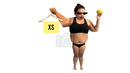 Photo for Unequal attitude to body size. Breaking beauty standards. Woman with oversized body sitting on diet to reach xs size. Conceptual design. Contemporary artwork. Concept of social influence, stereotypes - Royalty Free Image