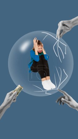 Photo for Young woman sitting in stress, fear and despair in bulb with human hands reaching her, giving money. Manipulation. Conceptual design. Contemporary artwork. Concept of social influence, stereotypes - Royalty Free Image