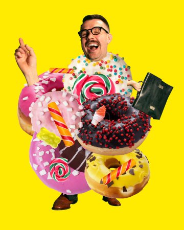 Photo for Happy businessman and many donuts, sweets and candies over bright yellow background. Confectionery business. Contemporary art collage. Concept of pop art, food services, candy brand. Poster, ad - Royalty Free Image