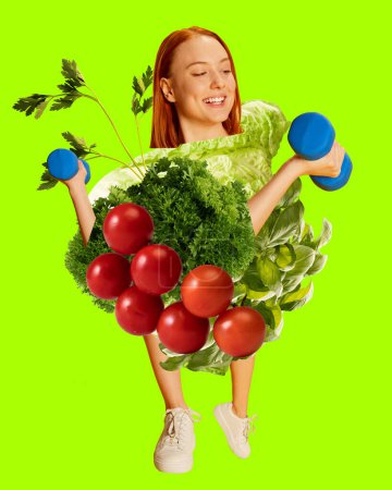 Photo for Young smiling woman following heathy active lifestyle, training, eating fresh vegetables over bright green background. Contemporary art collage. Concept of pop art, food services, fitness. Poster, ad - Royalty Free Image