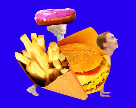 Photo for Young woman, junk food lover into burger, fries and donut over blue background. Fast food restaurants. Contemporary art collage. Concept of pop art, food services, nutrition, menu. Poster, ad - Royalty Free Image