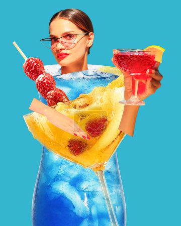 Photo for Young beautiful girl in stylish pink sunglasses, drinking delicious cocktails. Summer vibe, party and vacation. Contemporary art collage. Concept of pop art, food services. Poster, ad - Royalty Free Image