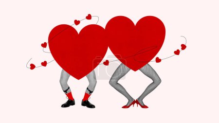 Photo for Romantic date. Male and female legs hiding behind red hearts. Creative art collage. Concept of Happy Valentines Day, 14th of February, love, celebration. Poster, template for card - Royalty Free Image