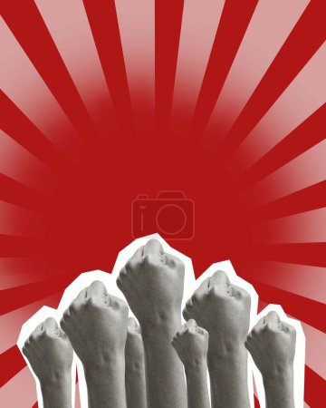 Foto de Manos humanas levantando puños sobre fondo rojo. Elecciones, cambios sociales. collage de arte contemporáneo. Concepto de día de votación, democracia, política, elección, libertad, opinión - Imagen libre de derechos